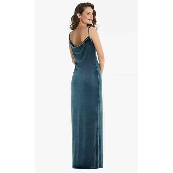 Social Bridesmaid Asymmetrical One-shoulder Velvet Maxi Slip Dress Dutch Blue S - Picture 10 of 11
